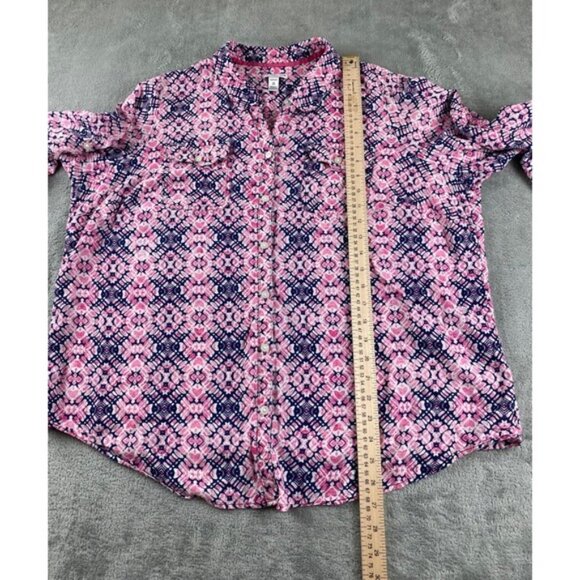 Croft & Barrow Woman 1X Pink Blue Print 3/4 Sleeve Button Front Shirt Top - Picture 8 of 12